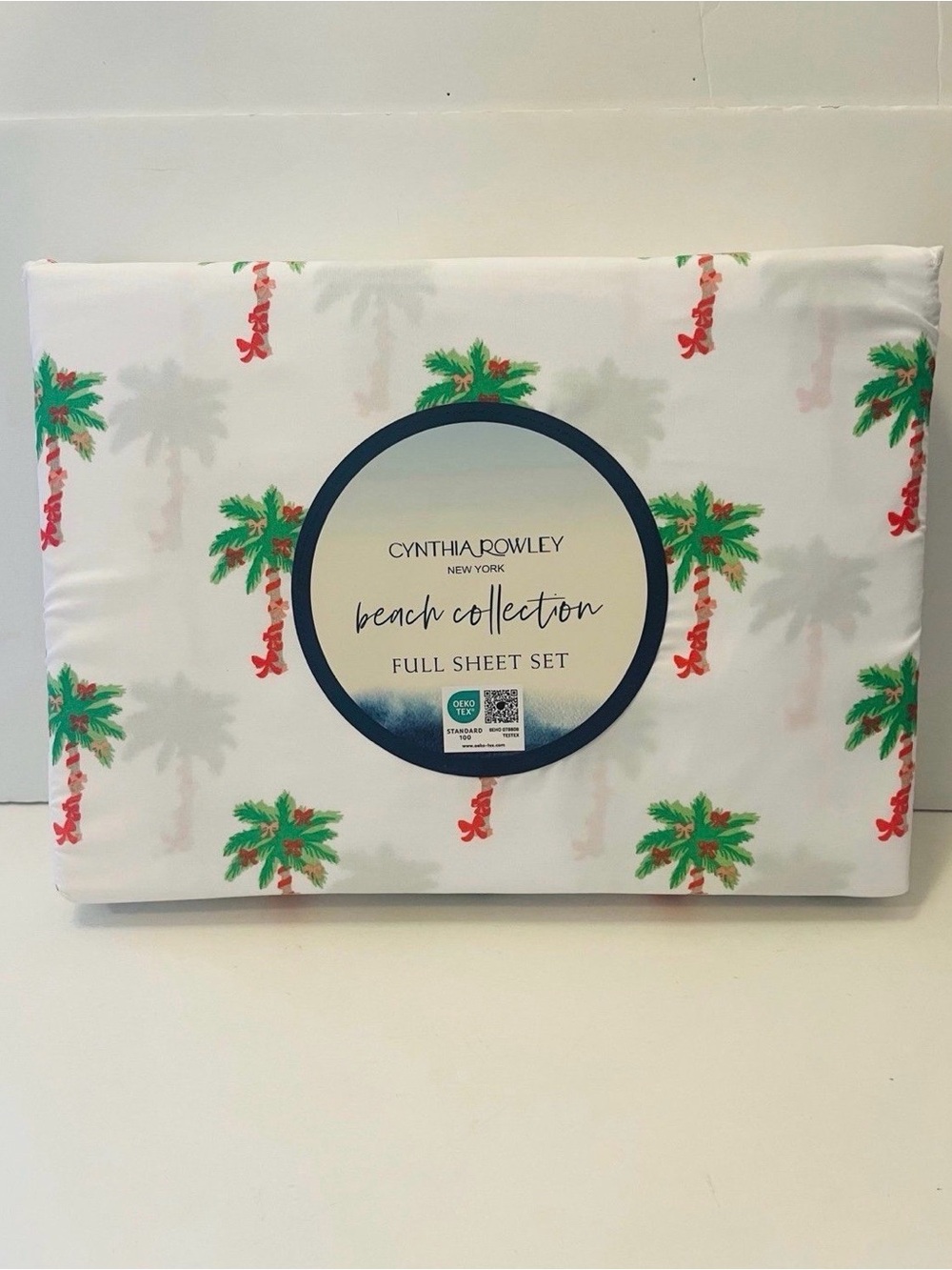 Cynthia Rowley Beach Collection Full Size Sheet Set Bows on Palm Trees
